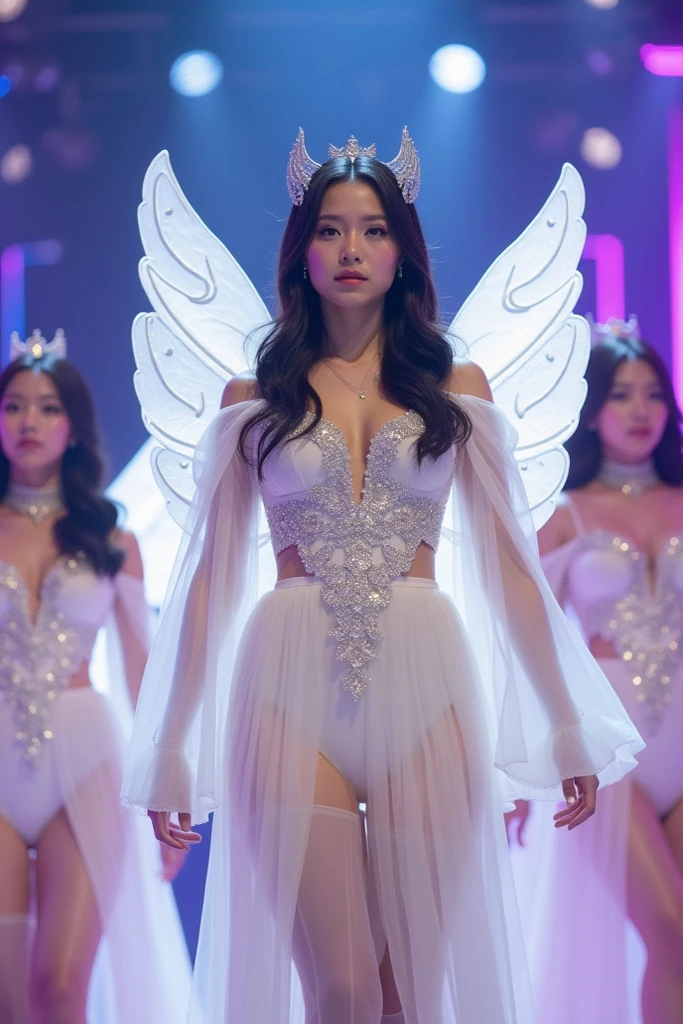 A beautiful Taiwanese female model with long straight hair, full body shot, wearing the latest white haute couture dress made from star constellation maps, perfectly symmetrical eyes, highly detailed, 8K, cinematic, photorealistic, epic composition, depth of field, editorial photography, professional photography, Canon EF 85mm f/1.4 L IS USM lens, 1/125s, f/11.0, ISO 100, 1DX Mark III