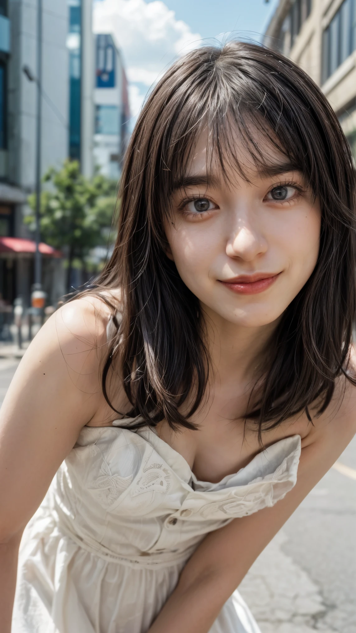 (high resolution photograph of a young Japanese female idol), (realistic, photo-realistic:1.37), (masterpiece, best quality), 8k, RAW photo, intricate details, extremely detailed, (sharp focus), cinematic lighting, gravure photography, portrait, solo, 1girl, (strapless dress, sleeveless:1.2), (face focus, close-up face, standing leaning forward, forward bending:1.5), (small breasts:1.3), dark hair, pale skin, (detailed face, detailed eyes, symmetrical eyes, beautiful pupils, sophisticated nose, smile),
photo background, outdoors, urban scape, daytime, sunny, blue sky and clouds,