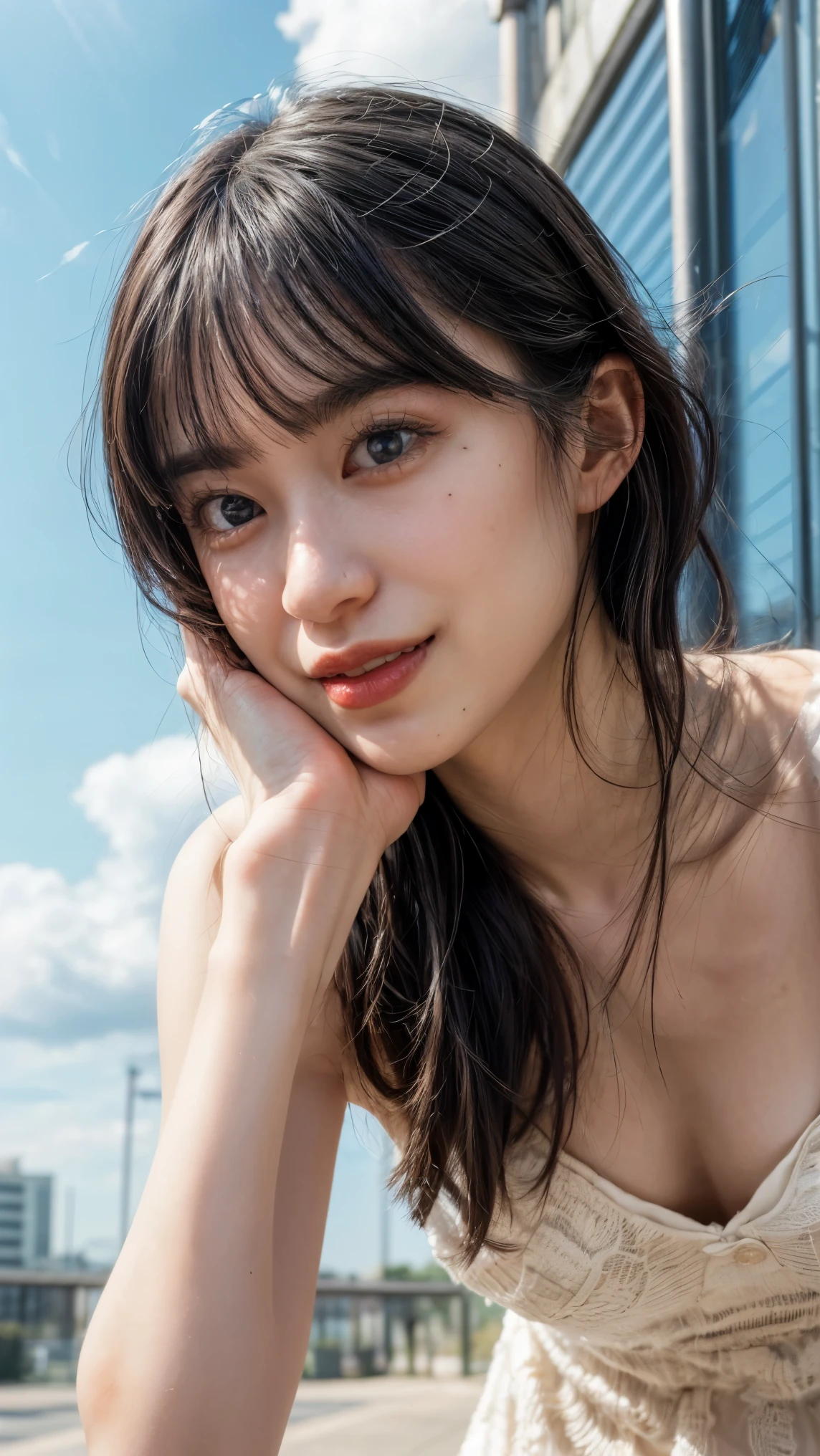 (high resolution photograph of a young Japanese female idol), (realistic, photo-realistic:1.37), (masterpiece, best quality), 8k, RAW photo, intricate details, extremely detailed, (sharp focus), cinematic lighting, gravure photography, portrait, solo, 1girl, (strapless dress, sleeveless:1.2), (face focus, close-up face, standing leaning forward, forward bending:1.5), (small breasts:1.3), dark hair, pale skin, (detailed face, detailed eyes, symmetrical eyes, beautiful pupils, sophisticated nose, smile),
photo background, outdoors, urban scape, daytime, sunny, blue sky and clouds,