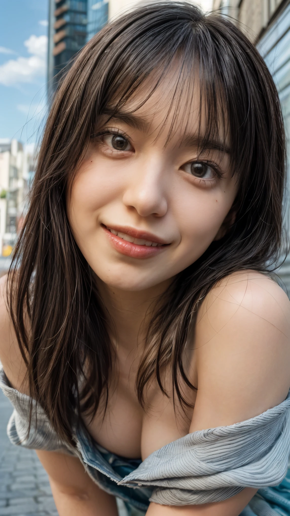 (high resolution photograph of a young Japanese female idol), (realistic, photo-realistic:1.37), (masterpiece, best quality), 8k, RAW photo, intricate details, extremely detailed, (sharp focus), cinematic lighting, gravure photography, portrait, solo, 1girl, (strapless dress, sleeveless:1.2), (face focus, close-up face, standing leaning forward, forward bending:1.5), (small breasts:1.3), dark hair, pale skin, (detailed face, detailed eyes, symmetrical eyes, beautiful pupils, sophisticated nose, smile),
photo background, outdoors, urban scape, daytime, sunny, blue sky and clouds,