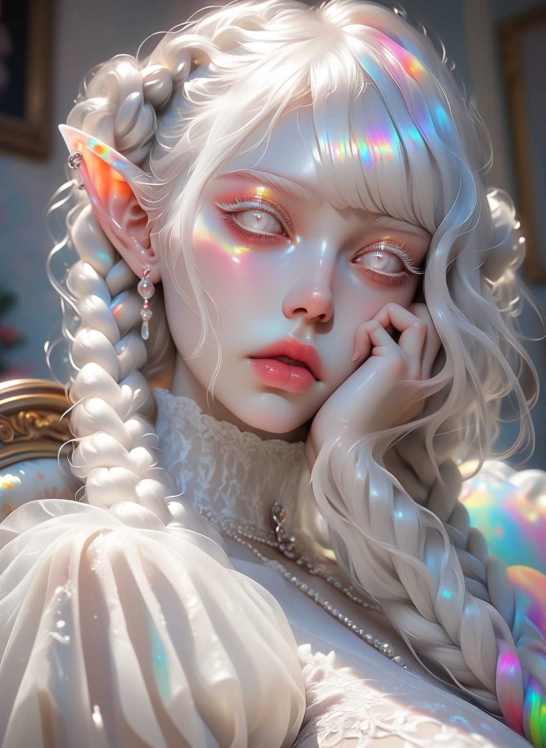 Close up, albino elf, a hyper-realistic and ultra-detailed photo of a beautiful girl, ultra-realistic, naked, ((huge breasts:1.2)), ((small nipple:1.25)), perfect eyes, luscious body, mature, nudity, sad, portrait, inside a Victorian sofa, shiny skin colorful, ((very pale skin:1.4)), ((cloudy white eyes)), pupil, ear piercing, white hair with two large wide long braids, long bangs, th3rm4l, colorful, white eyebrows, white long eyelashes, 1 hand on cheek, 