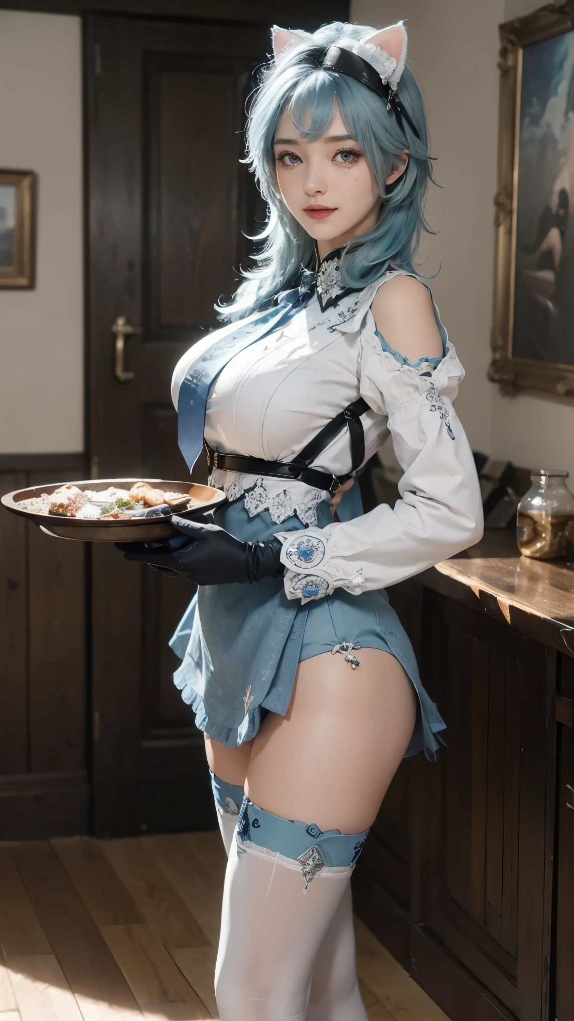 ((Full body photo, standing, standing on the floor, Naiara has giant breasts)), ((black with gold pieces/maid's outfit with short skirt and socks with clip on the skirt, tight on the body)), smile, face with red cheek, she is alone, she is an Anime convention and is crowded with spectators, she wearing maid's headdress, she has ((short blue hair, green eyes)), closed fists, perfect anatomy,best resolution, ultra detailed, anime style, masterpiece, 16k, UHD, textured skin, anatomically correct, ccurate