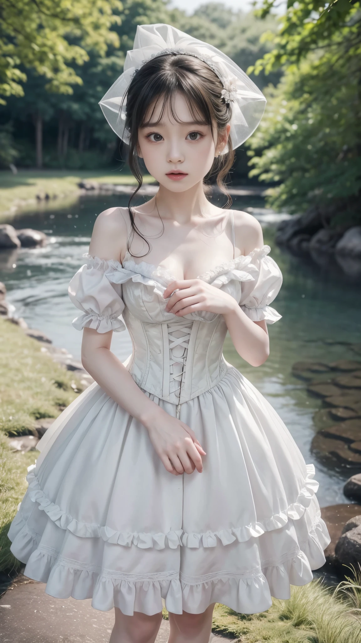 （fidelity：1.3），filigree，quality，Rembrandt lighting，（tmasterpiece：1.2），（fidelity：1.2），（best qualtiy），（skin detailed：1.3），（Complicated details），dramatics，Ray traching，1girl，american white girl，blond hairbl，21yo，mediuml breasts，（grassy fields，suns，​​clouds，Tano，farms，starlights，footpath）,Black and white lolita costume Gothic maid costume Lolita,((Medium and long-range shots:0.9)),