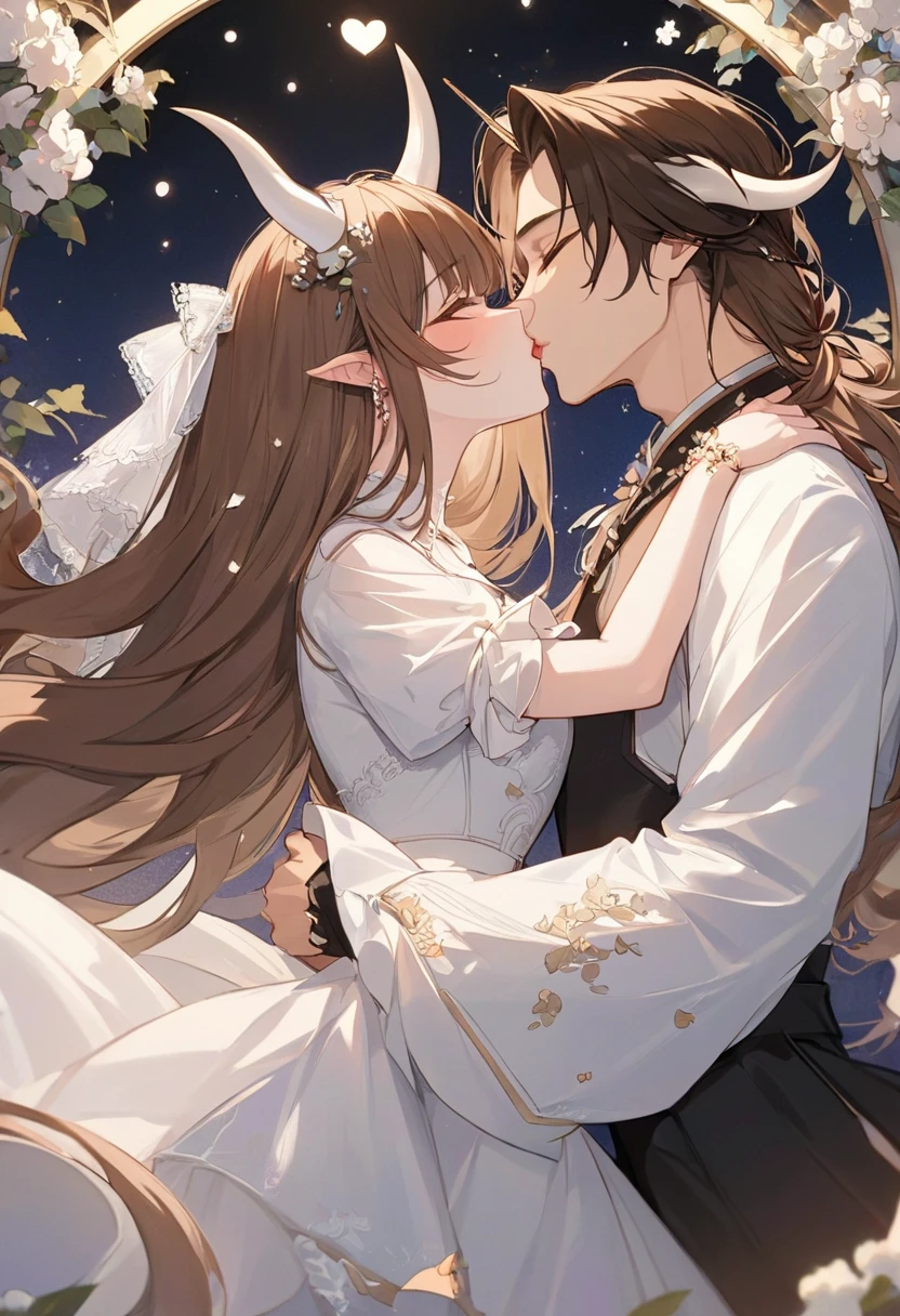 (( best quality)), ((masterpiece)), ( Details)、 couples after insertion、Women have brown hair and long hair 、 men have black semi-long hair with two horns 、 handsome、 An enchanting romantic scene on the verge of kissing