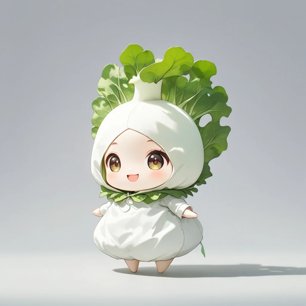 ultra-small deformation, Chibi Cute, 1girl, solo, wearing white radish costume, green leaves hair, smiling