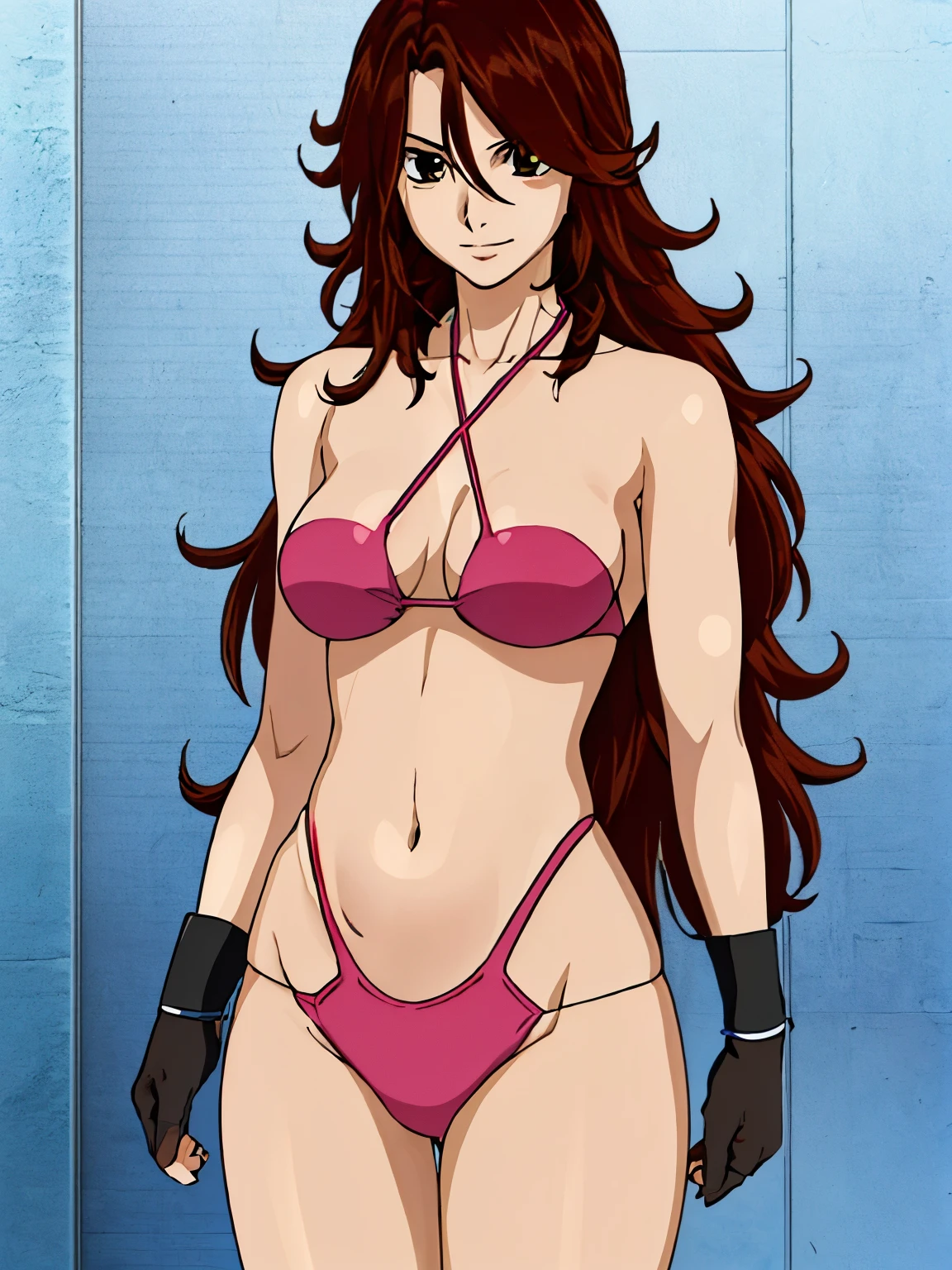 1girl, blunt bangs, very happy, strong biceps, (whole body view), (feminine:1.9), (very slim:1.8), (very slim:1.8), very high quality, curvy figure, (wrestling ring), (brown hair:1.2, very long hair), very long hair, looking at viewer, (drenched in sweat:1.2), highly detailed wrestling background with titration screen and spot lights, (photo realistic:1.8), very detailed eyes, red eyeshadow, depth of field, (solo:1.2), (wrestling bikini:1.8, wrestling trousers:1.5, wrestling boots), Shiny skin, standing, (pale skin, skinny arms, slim arms, toned arms, defined arms), collarbone, strong biceps, (big breasts:0.6), (biceps:0.8), (wristband:1.0), (ultra feminine:1.9)
