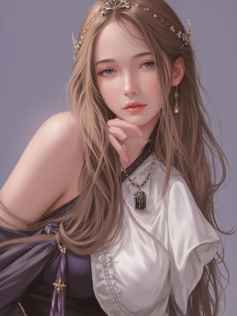 Image is a digital illustration featuring an anime-style character. The layout is vertical, with the character positioned diagonally across the frame. The subject is a female character with long, flowing brown hair adorned with small, decorative elements. She has fair skin and striking, large purple eyes. Her expression is serene, and she is dressed in an elaborate outfit with metallic and fabric elements, including a sheer, flowing white fabric and intricate jewelry. The background is a soft, muted color, enhancing the focus on the character. 