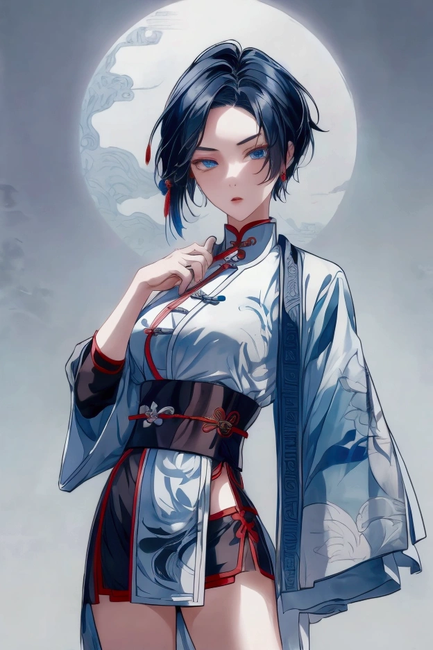 Masterpiece, Best quality, 1 Ji Ruxue, the expression is cold, strong, blue eyes, short hair, wolfcut hairstyle, smoky mix blue color hair, resolute eyes, red lips, simple Taoist Taoist uniform, Chinese mix morden, frontal photo, black or white background, simple background, anime, illustration, Chinese style short-sleeved shirt, cool girl, Ji Ru Xue, Fullbody, blank background , full HD, full body, leggy, standing position, simple background, fullbody