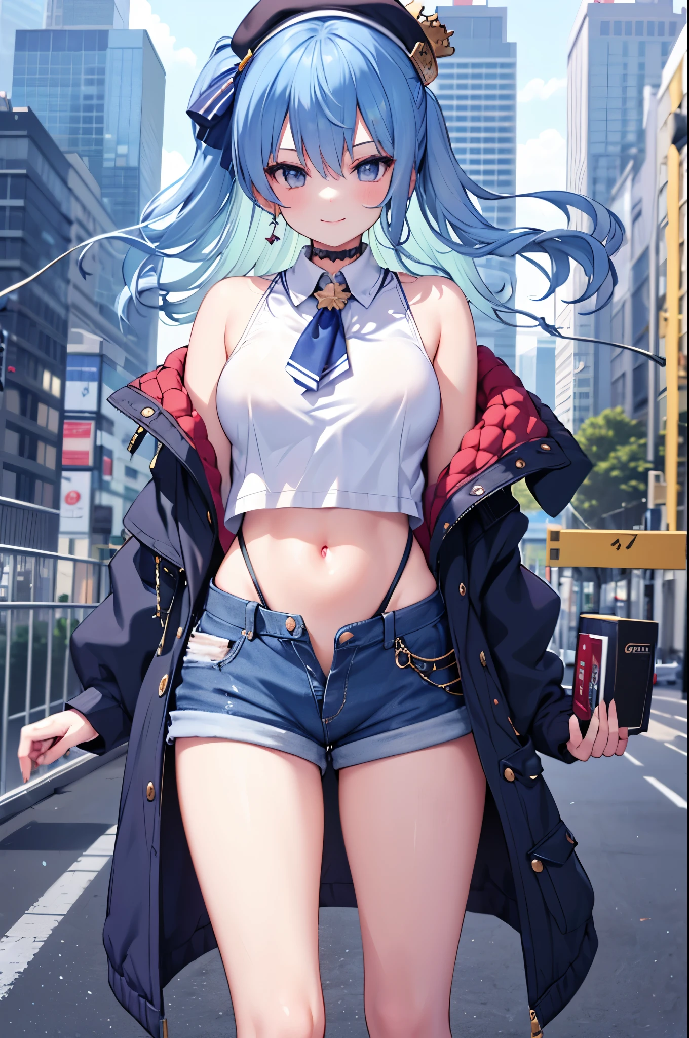 chaesu-minah, 1girl, solo, white crop top, sleeveless, cleavage, medium breasts, athletic body, ((panties, panty straps:1.2)) hands on hips, blue eyes, blue hair, 8k, high resolution, shallow depth of field, high detailed, in the street, masterpiece, best quality, highly detailed, fox girl, fox ears, fluffy blue fox tail,