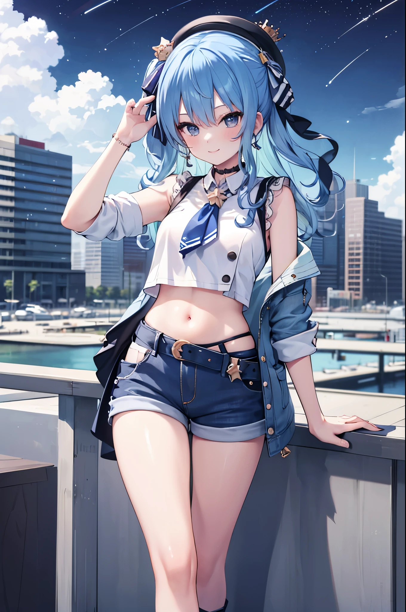 (8k、Best image quality、highest quality)、Detailed face、 1teen_girl、Blue Hair、Long Hair、sideponytail、dark_blue_eyes、smile,(peek_navel:0.7),(small_breasts:0.8),(White_T-shirt:1.3)、Off_shoulder、Black shoulder straps、(open_front_shorts,denim_short_shorts:1.2)、City Background, starry_sky_landscape ,hoshimachi suisei, (belly_button:1.2),nihil,solo,stargaze,girl_looking_up_sky,slender,solo,boots,abs, tight_waist, point_to_sky,slender_thighs,knees
