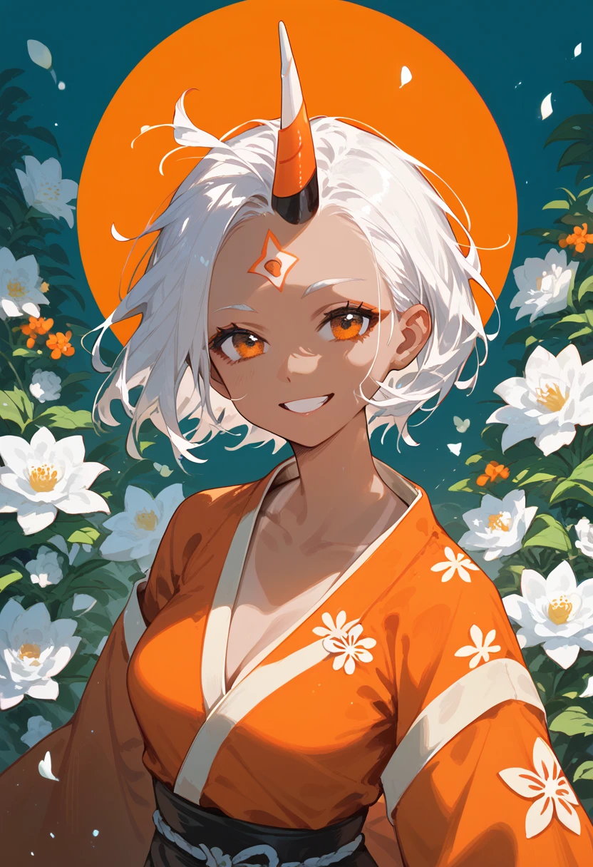  sister model ,Short hair, wearing an orange kimono with white flowers,White hair,With one horn on the forehead , medium breasts,In the orange eyes,Tanned,smile,