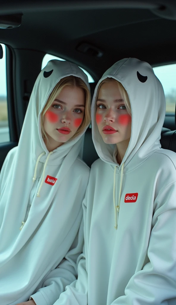 "Two busty women dressed as adorable ghosts, wearing white and pink dresses with the words 'milk' and 'milk' written on them, sit close together in the back seat of a car. Their ghost costumes feature cheerful facial expressions with black eyes and red cheeks, adding a cute and strange feel to the scene."