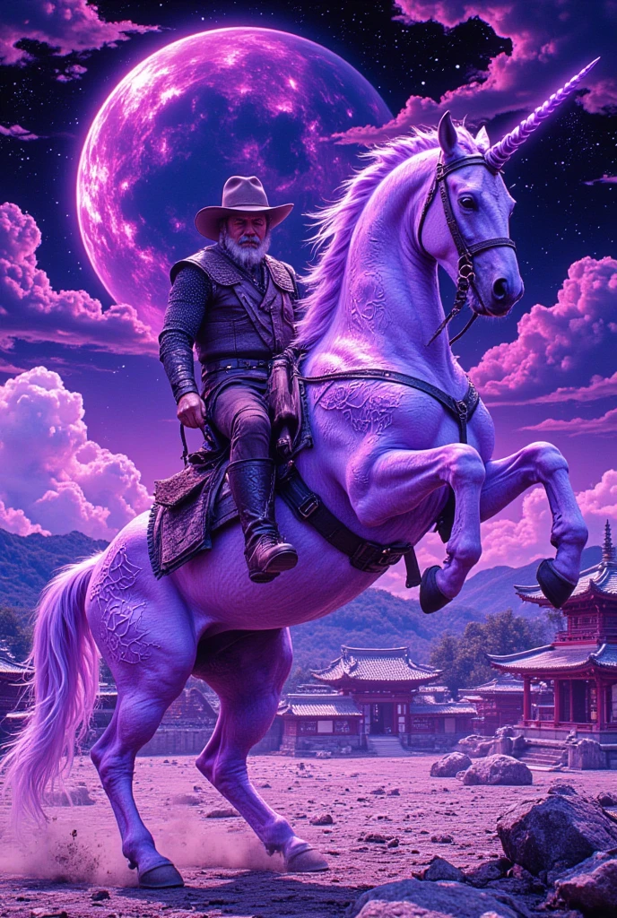 Photo. Album cover photo for the "Electric Ultraviolet unicorn ukiyo-e Band" features a photo of a rodeo cowboy riding a bucking unicorn

