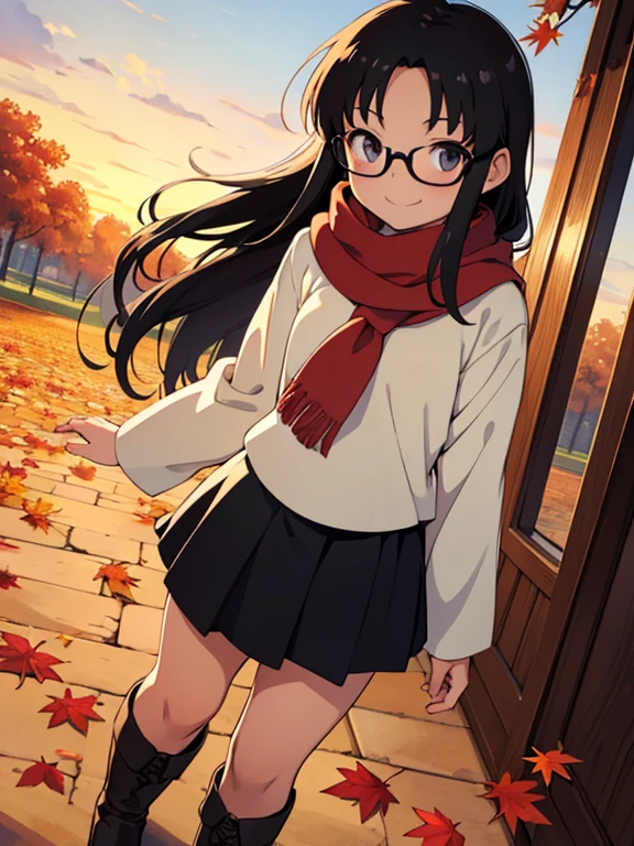 masterpiece， best quality， High image quality，(  super flat  ,    Flat Shading   )，Glasses，  beautiful black hair，  fisheye lens ， Beautiful young mother and lovely daughter， warm scarf， long-sleeved sailor suit that will pinch your nipples，(naked)，Long Hair，  boots, smile, smile，White Breath，fun, play，Autumn park garden，  fall leaves for vaginal discharge，Autumn sky，dusk， beautiful sunset ，Wide angle，  bright color ，watercolor, Ghibli Style，Strong winds，  Girl Temptation，