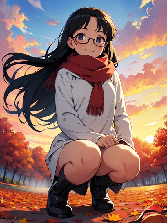 masterpiece， best quality， High image quality，(  super flat  ,    Flat Shading   )，Glasses，  beautiful black hair，  fisheye lens ， Beautiful young mother and lovely daughter， warm scarf， long-sleeved sailor suit that will pinch your nipples，(naked)，Long Hair，  boots, smile, smile，White Breath，fun, play，Autumn park garden，  fall leaves for vaginal discharge，Autumn sky，dusk， beautiful sunset ，Wide angle，  bright color ，watercolor, Ghibli Style，Strong winds，  Girl Temptation，