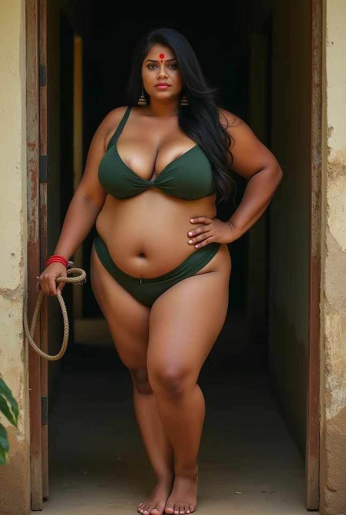 arafed woman in a bikini sitting on a box with a pole, a stock photo by Eve Ryder, tumblr, arabesque, giant stunning goddess shot, voluptuous and arousing, oiled skin, full scene shot, thick body, exaggeratedly large physique, lit from the side, oiled, powerful and huge, beautiful thick female, indian goddess