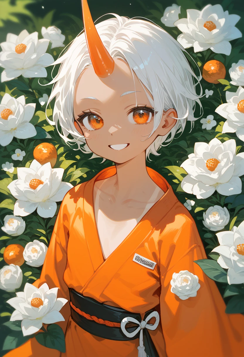  sister model ,Short hair, wearing an orange kimono with white flowers,White hair,With one horn on the forehead , Small Chest ,In the orange eyes,Tanned,smile,