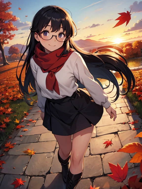 masterpiece， best quality， High image quality，(  super flat  ,    Flat Shading   )，Glasses，  beautiful black hair，  fisheye lens ， Beautiful young mother and lovely daughter， warm scarf， long-sleeved sailor suit that will pinch your nipples，(naked)，Long Hair，  boots, smile, smile，White Breath，fun, play，Autumn park garden，  fall leaves for vaginal discharge，Autumn sky，dusk， beautiful sunset ，Wide angle，  bright color ，watercolor, Ghibli Style，Strong winds，  Girl Temptation，