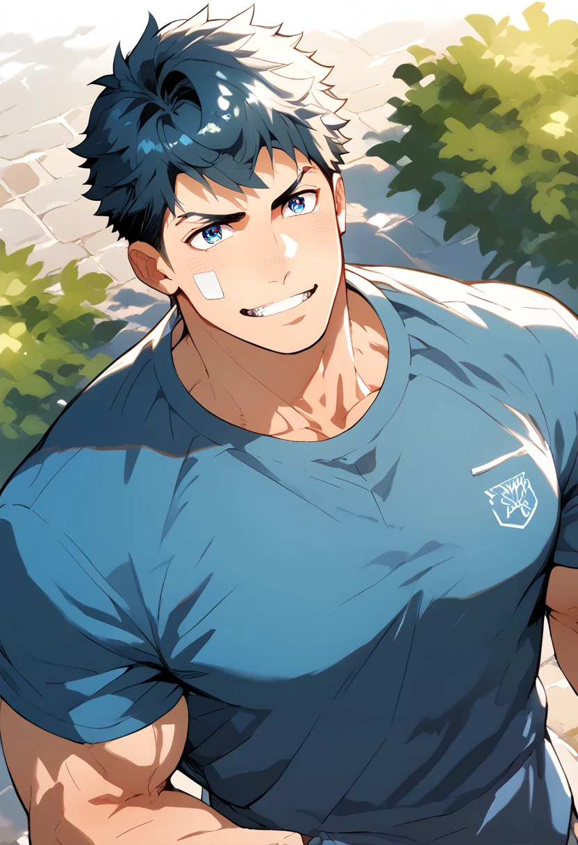 Delicate eyes and delicate face, 1 boy, 18 years old, handsome face, pure and cute face, Detailed face, Kindergarten teacher, Casual T-shirt and apron, cute, Male focus, muscular, muscular male, Chest muscles, black short hair, black eyes, detailed eyes, Solo, Solitary, Full upper body angle