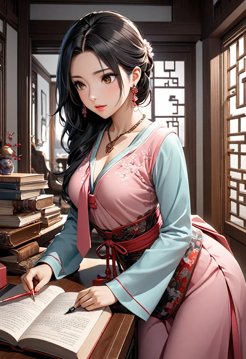 (masterpiece,  best quality, High image quality, 8k,  high definition ),  beautiful young woman, One person,  Long Black Hair , Tie up at the back,  most beautiful woman with hanging eyes, Beautiful brown eyes, Beautiful pink lips,  anatomically beautiful figure, Mid-chest, Traditional clothing,  shoulder, sleeve ,  Necklaces ,  earrings for a woman alone,  Chinese-style Interior , Dispatch items, A Millionaire's Home , Spacious interior, There is a desk, There is a book,  chair with an inamic angle,  reading a book at the desk, There is a pen holder on the desk , Depiction from oblique and slightly above, Angle from the front,  watching here,  Detailed Illustration Art ,  Digital Art , 