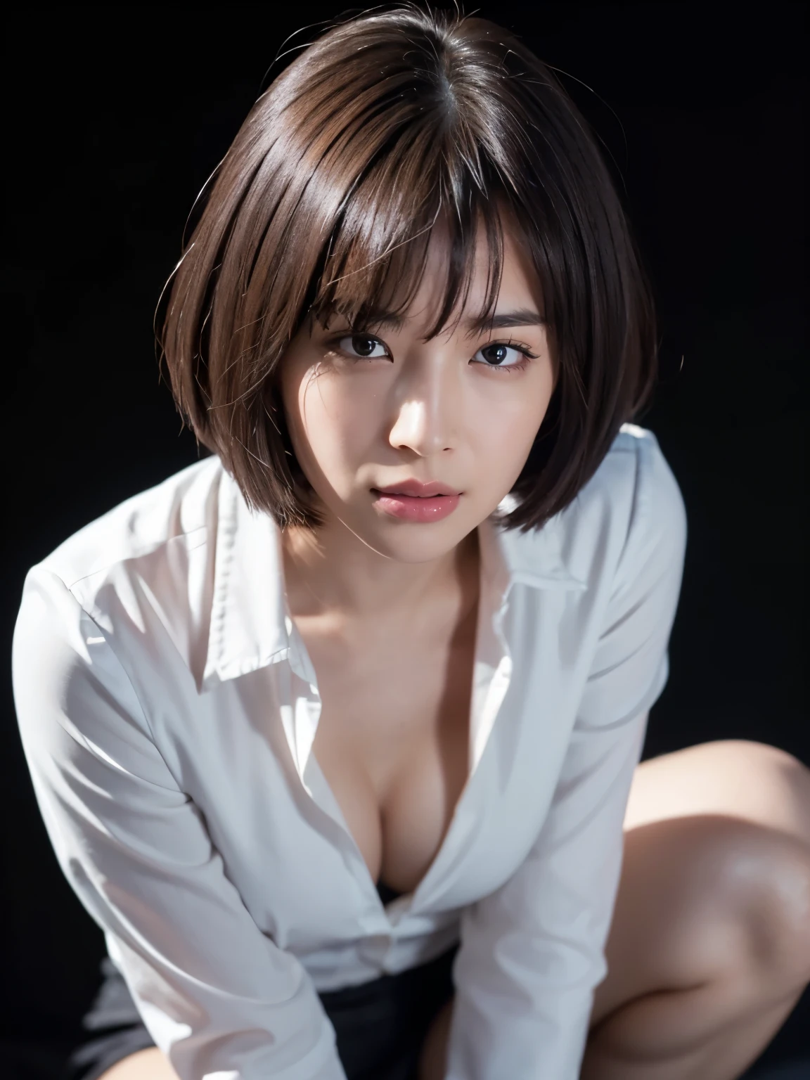 (masterpiece:1.2), (highest quality), (visible all over:1.3) ,(Super detailed), (8k, Complex), (Lens 135mm,F1.8), (realistic)(black background:1.3), portrait photography, side lighting,edge lights up,best shadow,Area light source,perfect anatomy,perfect face shape,perfect for women,finest female body,improves skin texture,fine cloth pattern,Precise beauty,delicate and delicate skin,highly detailed skin,pale skin,delicate hair,glowing skin,Highly detailed face and skin texture, shiny skin, vivid details, superrealistic, Fine and beautiful skin, 1 female, 30 years old, japanese woman, (thin:Weight 1.0), small breasts:1.3, ((bob hair, short hair, straight hair, bangs:1.3, brown hair)),perverted woman, (office uniform, ofiice suits, white blouse, tight mini skirt, nipple, Erection nipple), (((Cowgirl))), A buttoned-up shirt flaps), necklace, (((frown、open your mouth、narrow your eyes))), (((from below:1.5, looking at the viewer:1.3, close up))), Female dog, NSFW,