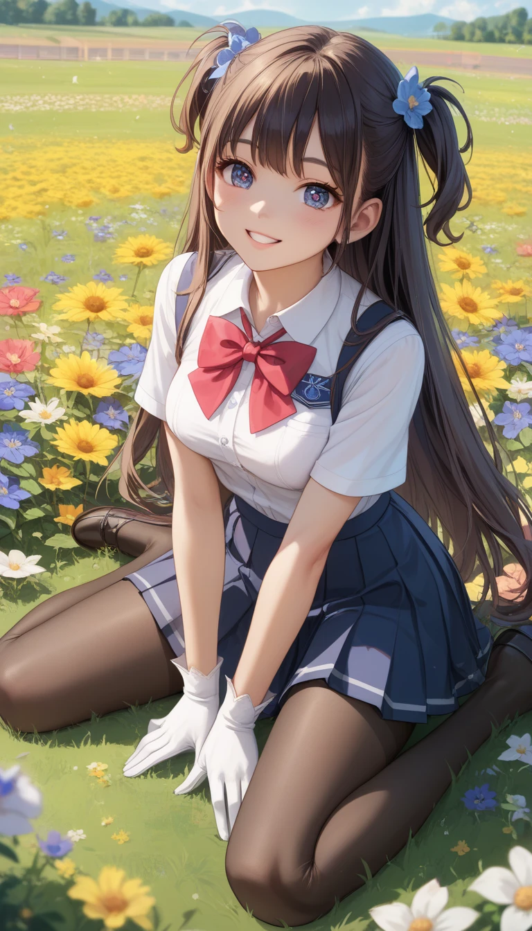 (((anime art style))), perfect anime drawn, 1 , very cute face, Innocent girl, (8k、 Highest image quality、 highest quality 、masterpiece)、  detailed face gloves、intricate eyes ,  Impeccable and detailed hyper realistic female anatomy , (masterpiece), ( Best Quality ), ( highly detailed ), high school girl,  full body  , black pantyhose , skirt, Ears,sitting:2, raised open legs,   flower field , (focus on the girl)