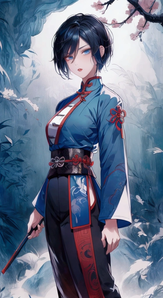 Masterpiece, Best quality, 1 Ji Ruxue, the expression is cold, strong, blue eyes, short hair, wolfcut hairstyle, smoky mix blue color hair, resolute eyes, red lips, simple Taoist Taoist uniform, Chinese mix morden, frontal photo, black or white background, simple background, anime, illustration, Chinese style short-sleeved shirt, cool girl, Ji Ru Xue, Fullbody, blank background , full HD, full body, leggy, standing position, simple background, fullbody