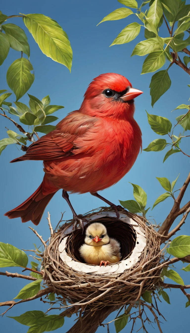 (((  surrenders ))) photograph,( super detailed face),((light)),A detailed depiction of the young red bird, now partially covered in feathers with its vibrant red plumage starting to emerge. The chick stands on unsteady legs in its nest, practicing flapping its developing wings. Its parents are nearby, one perched on the branch with a small insect in its beak, ready to feed the growing bird. The background features a lush forest canopy under a bright blue sky, brimming with life and movement