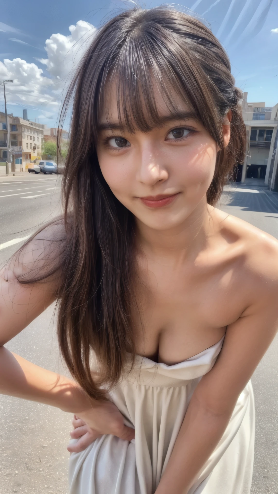 (high resolution photograph of a young Japanese female idol), (realistic, photo-realistic:1.37), (masterpiece, best quality), 8k, RAW photo, intricate details, extremely detailed, (sharp focus), cinematic lighting, gravure photography, portrait, solo, 1girl, (strapless dress, sleeveless:1.2), (face focus, close-up face, standing leaning forward, forward bending:1.5), (small breasts:1.3), dark hair, pale skin, (detailed face, detailed eyes, symmetrical eyes, beautiful pupils, sophisticated nose, smile),
photo background, outdoors, urban scape, daytime, sunny, blue sky and clouds,