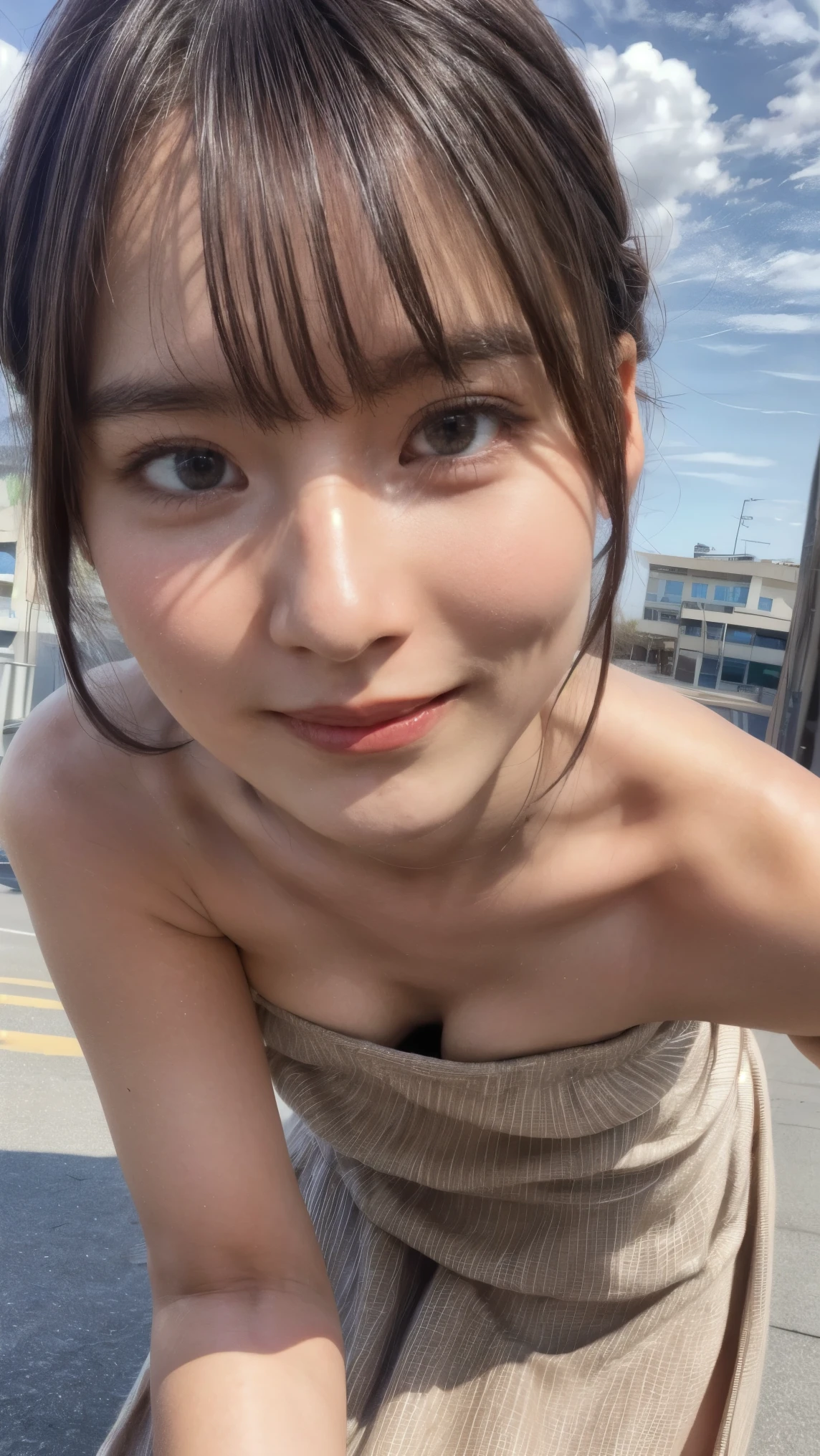 (high resolution photograph of a young Japanese female idol), (realistic, photo-realistic:1.37), (masterpiece, best quality), 8k, RAW photo, intricate details, extremely detailed, (sharp focus), cinematic lighting, gravure photography, portrait, solo, 1girl, (strapless dress, sleeveless:1.2), (face focus, close-up face, standing leaning forward, forward bending:1.5), (small breasts:1.3), dark hair, pale skin, (detailed face, detailed eyes, symmetrical eyes, beautiful pupils, sophisticated nose, smile),
photo background, outdoors, urban scape, daytime, sunny, blue sky and clouds,