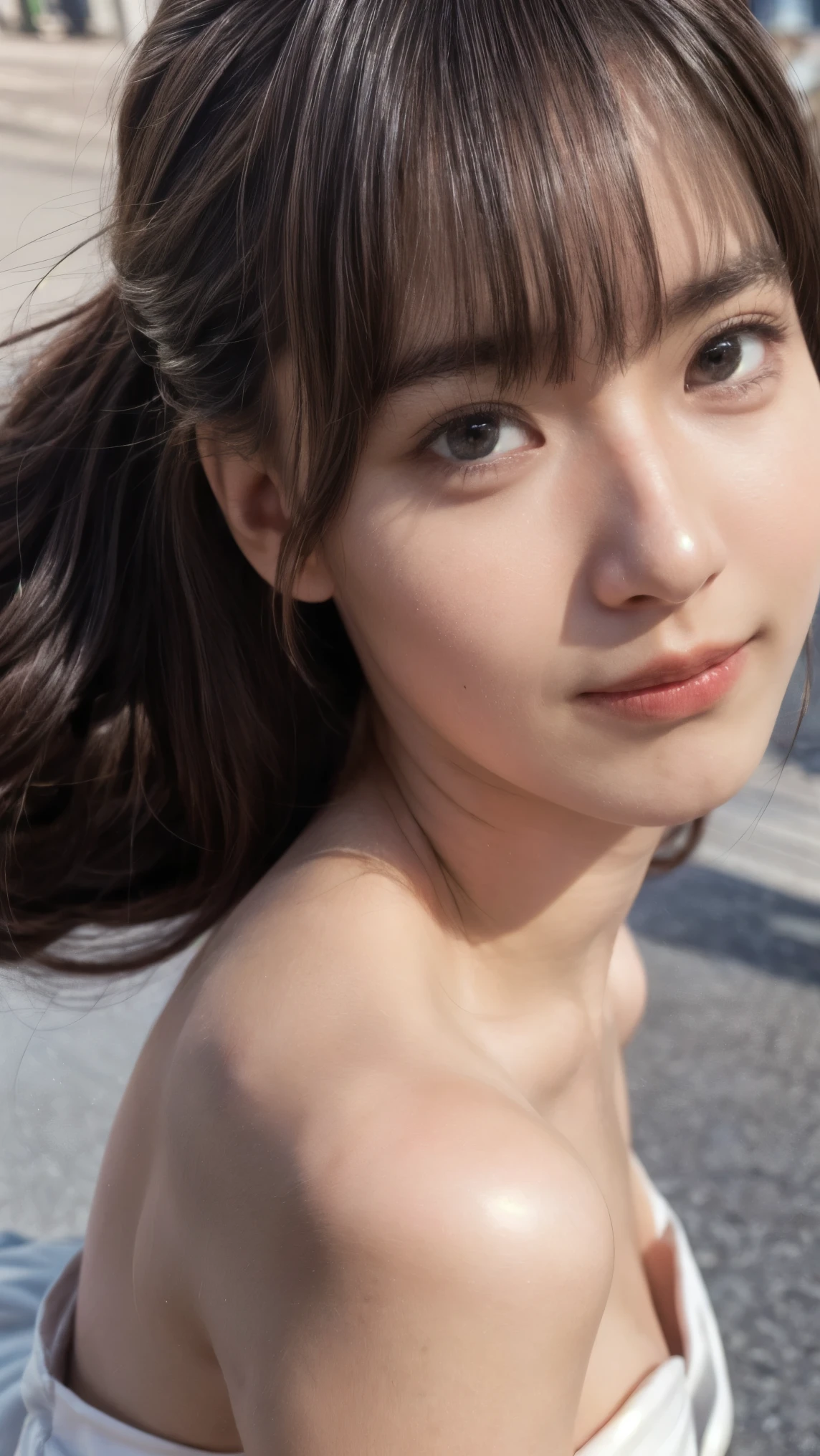 (high resolution photograph of a young Japanese female idol), (realistic, photo-realistic:1.37), (masterpiece, best quality), 8k, RAW photo, intricate details, extremely detailed, (sharp focus), cinematic lighting, gravure photography, portrait, solo, 1girl, (strapless dress, sleeveless:1.2), (face focus, close-up face, standing leaning forward, forward bending:1.5), (small breasts:1.3), dark hair, pale skin, (detailed face, detailed eyes, symmetrical eyes, beautiful pupils, sophisticated nose, smile),
photo background, outdoors, urban scape, daytime, sunny, blue sky and clouds,