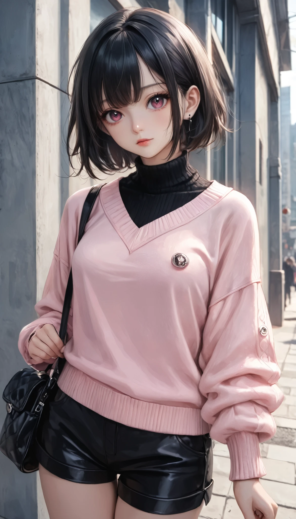 masterpiece, best quality, 8k, highres, ultra-detailed, HDR, UHD, ultra-fine painting,dark gothic,A modern and preppy outfit with a fresh twist. The ensemble features a pastel pink cropped sweater layered over a crisp white collared shirt, adding structure and contrast. Black tailored shorts create a clean and minimal silhouette, while knee-high black boots elevate the look with a bold, stylish touch. The addition of a small black crossbody bag completes the outfit, offering a functional yet chic accessory to balance the overall design.
