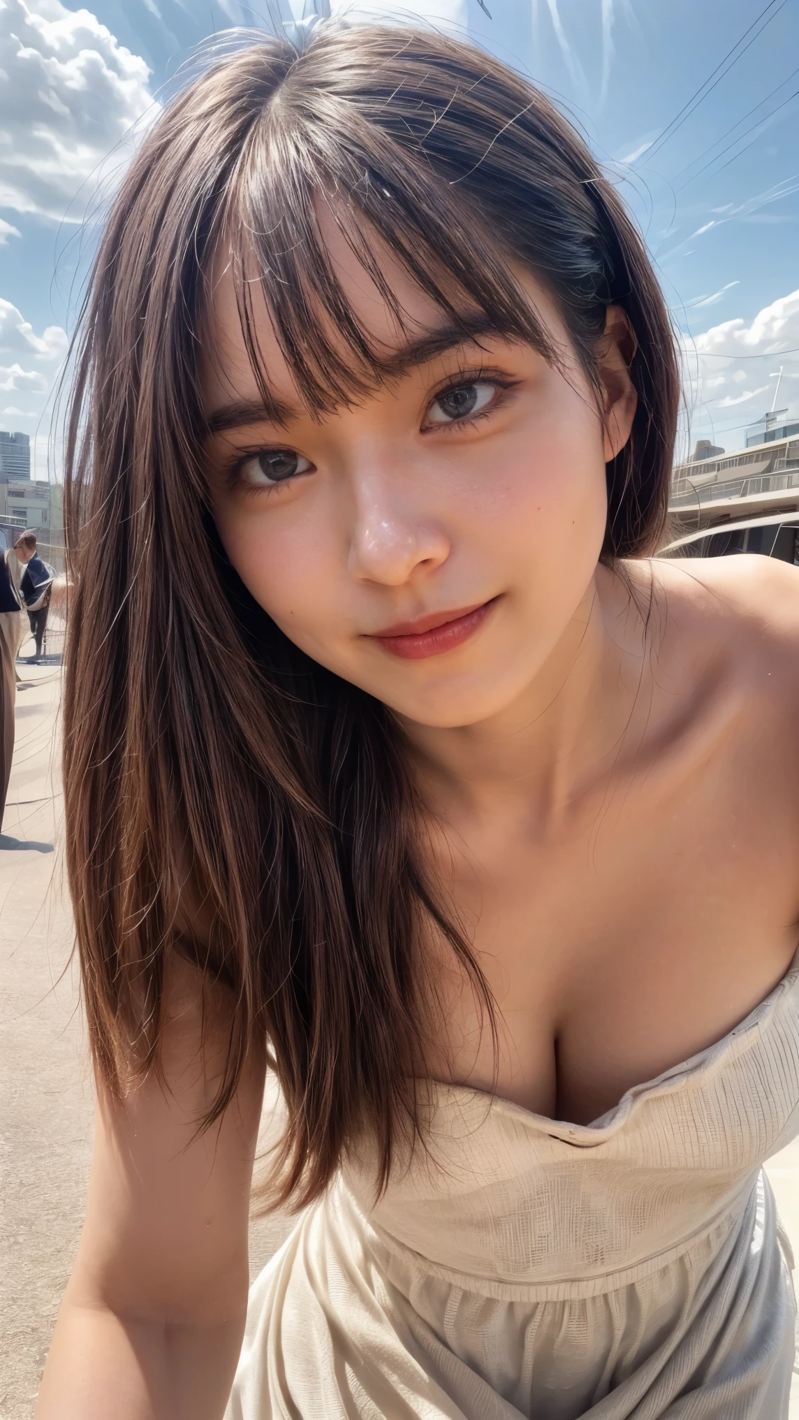 (high resolution photograph of a young Japanese female idol), (realistic, photo-realistic:1.37), (masterpiece, best quality), 8k, RAW photo, intricate details, extremely detailed, (sharp focus), cinematic lighting, gravure photography, portrait, solo, 1girl, (strapless dress, sleeveless:1.2), (face focus, close-up face, standing leaning forward, forward bending:1.5), (small breasts:1.3), dark hair, pale skin, (detailed face, detailed eyes, symmetrical eyes, beautiful pupils, sophisticated nose, smile),
photo background, outdoors, urban scape, daytime, sunny, blue sky and clouds,