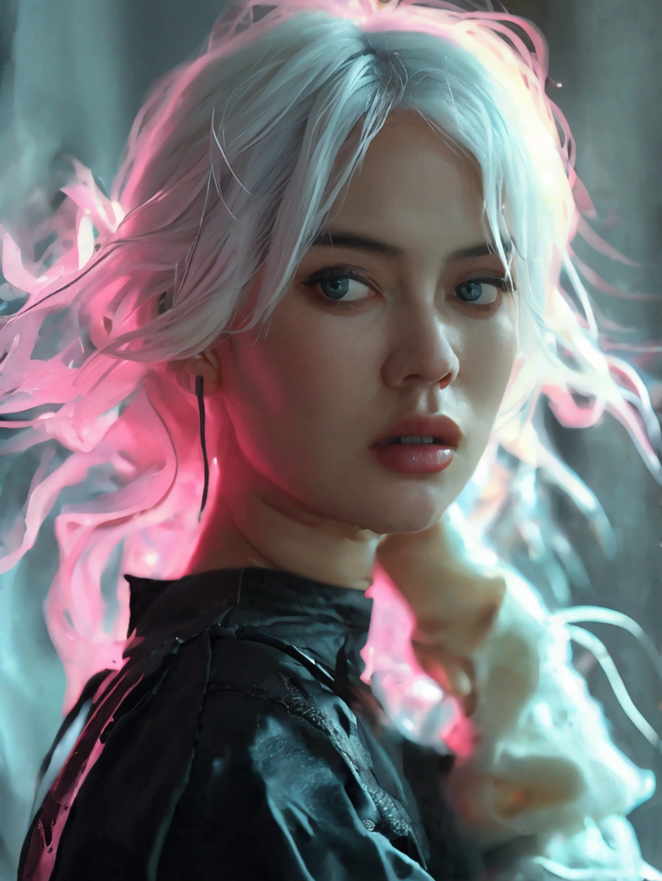 A woman with pastel white hair, black eyes, wearing black ninja clothes, perfect anatomy, realistic, best composition, cinematic lighting, highly detailed, photorealistic, 8k, masterpiece, elegant, graceful, powerful, dynamic pose, moody atmosphere, dramatic shadows, vibrant colors, chiaroscuro, cinematic composition, mesmerizing gaze, striking portrait