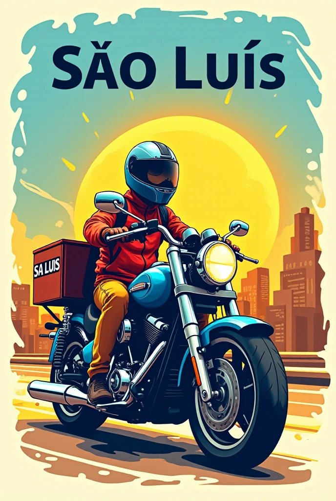 
 Illustration of a logo with the text  "São Luís Batteries e delivery ".  The design presents a stylized image of a car battery and a delivery man on a motorcycle.  The background contains the name of the city , Saint Louis.  The overall design follows a palette of warm colors with shades of blue and yellow .