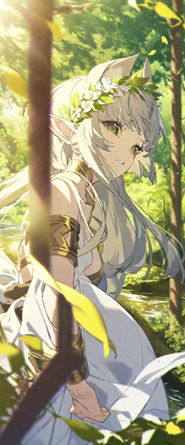 A  ， brown super long hair ， green eyes，Elf ears， ancient Greek white robe，gold armband ，wreath，river，forest， sunshine，Light Particles