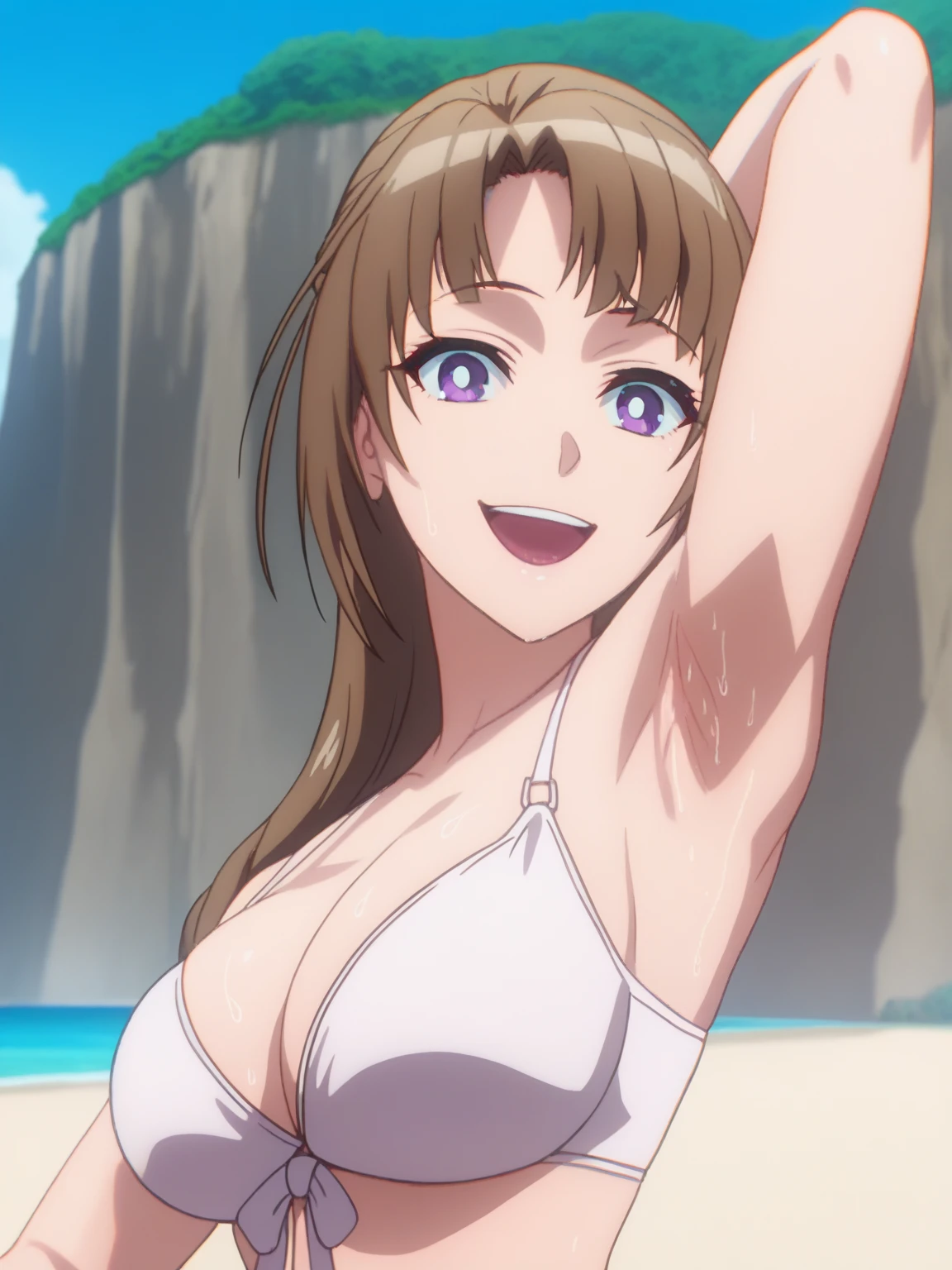 score_9, score_8_up, score_7_up, source_anime, anime screencap, 1girl, solo, outdoors, day, beach, mamako oosuki, purple eyes, brown hair, long hair, cleavage, large breasts, white bikini, bare shoulders, bare arms, looking at viewer, eye contact with viewer, head towards viewer, smile, (smug:0.9), open mouth, laughing, arm behind head, armpit, armpit up close, close-up of armpit, from side, from below, detailed armpits, sweaty armpits