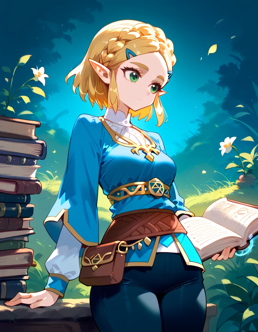  Princess Zelda ,  1 girl ,  Artist's Request , belt,  blonde hair , blue  shirt, Books,  boots, Expressionless, whole body, Green Eyes,  high definition ,  watching viewers,  magic , Nintendo, pants, pointy ears,  shirt,  Short Hair ,  simple background, Alone,  The Legend of Zelda,  The Legend of Zelda:  Breath of the Wild ,  The Legend of Zelda: Tears of the Kingdom, Flower of Light,  magic 