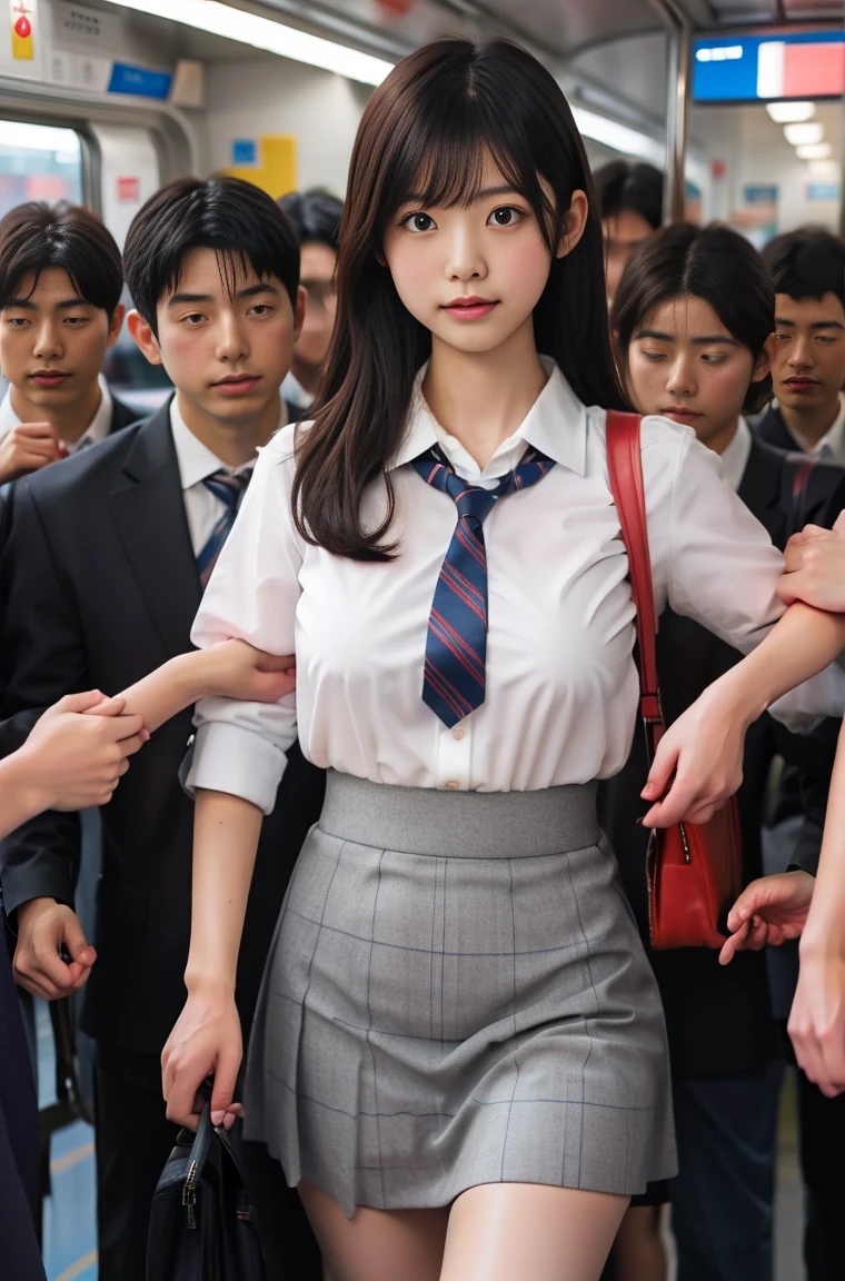 (molestation:1.8) japanese woman, beautiful breasts, (white shirt,red necktie, plaid pattern short skirt, darkbrown hair,bangs,ear,japanese school uniform),tits grab, in the train, Multiple men around her grab her tits, tits grab, multiple hands, masterpiece, highest quality, very detailed, molestation, crowd of men, very realistic face, very realistic eyes, crowd of men around her, grabs  thighs, molestation, masterpiece, highest quality, very detailed, 1 girl, multiple hands, Grab ass with the crazy crowd, Chest grab, the men around her, squeezed body, Many people grab their tits, very wet and sweaty, grab clothes, (There are no women in the crowd), man with necktie, very realistic japanese teen face,14 old,school bag, pinch nipples, she Don't look at the camera, Anatomically correct, She is holding a smartphone in her right hand and looking at it, she is holding a school bag in her left hand