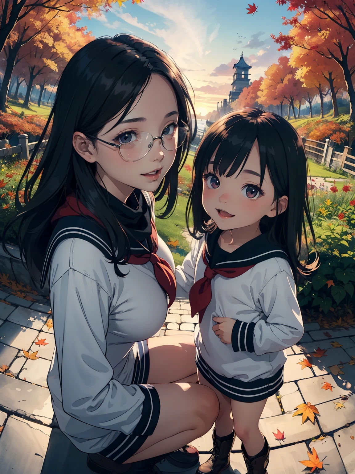 masterpiece， best quality， High image quality，(  super flat  ,  Flat Shading  )，Glasses， beautiful black hair， fisheye lens，Beautiful petite trained young mother and her very cute little trained daughter:1.25， warm scarf， long-sleeved sailor suit that will pinch your nipples，(naked)，Long Hair，  boots, smile, smile，White Breath，fun, play，Autumn park garden，  fall leaves for vaginal discharge，Autumn sky，dusk， beautiful sunset ，Wide angle，  bright color ，watercolor, Ghibli Style，Strong winds，  Girl Temptation， girl&#39;Lure，