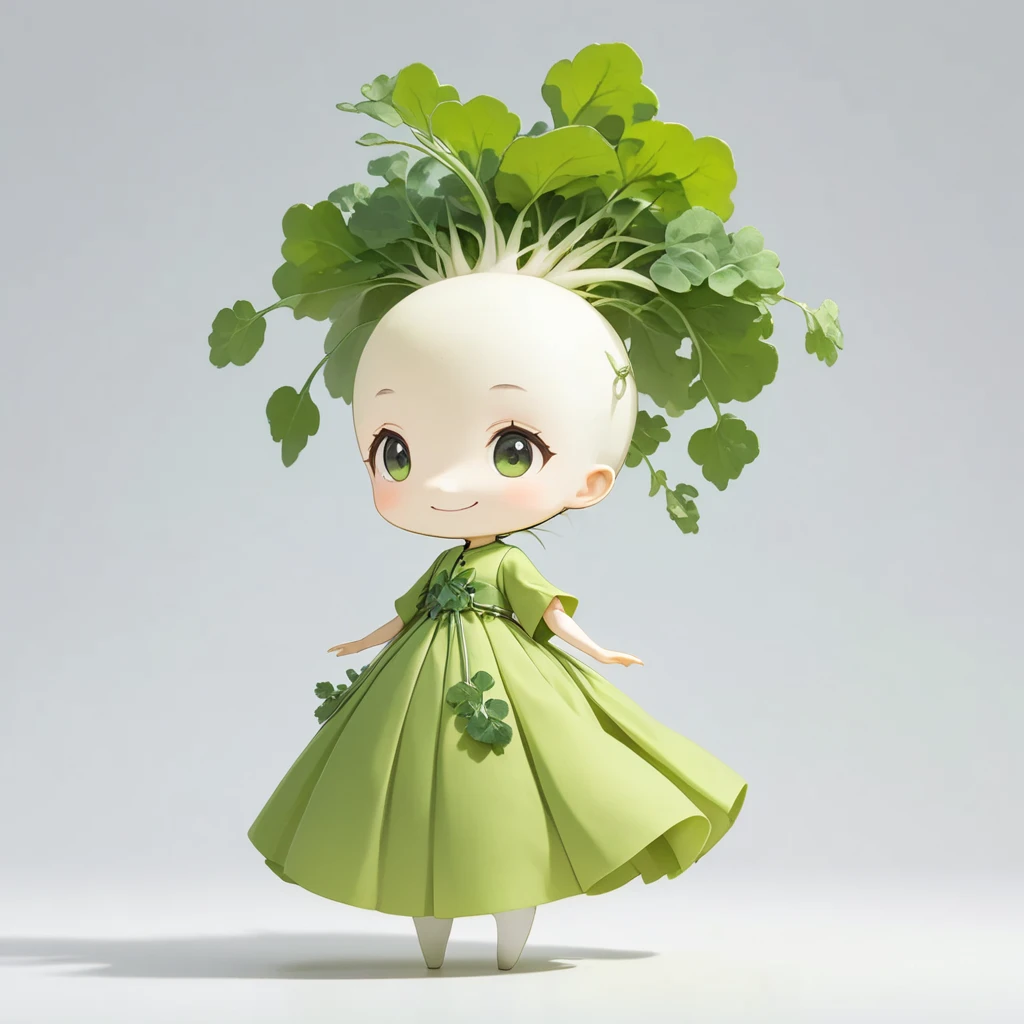 ultra-small deformation, 1female slender daikon, solo, green leaves long hair, green leaves long dress, smiling