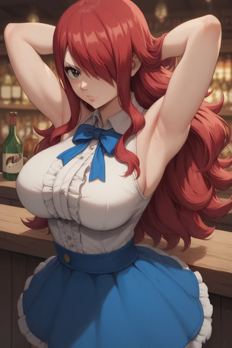 (masterpiece:1.2), (best quality:1.2), 1girl, 
fairy tail, 1girl, long hair, red hair, brown eyes, large breast, neck ribbon, bare shoulders, white shirt, sleeveless, center frills, blue skirt, hair over one eye
sexy stance, in the bar, arms behind head, armpits, detailed armpits