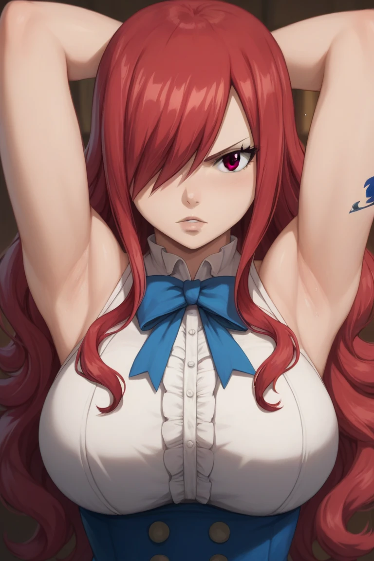 (masterpiece:1.2), (best quality:1.2), 1girl, 
fairy tail, 1girl, long hair, red hair, brown eyes, large breast, neck ribbon, bare shoulders, white shirt, sleeveless, center frills, blue skirt, hair over one eye
sexy stance, in the bar, arms behind head, armpits, detailed armpits