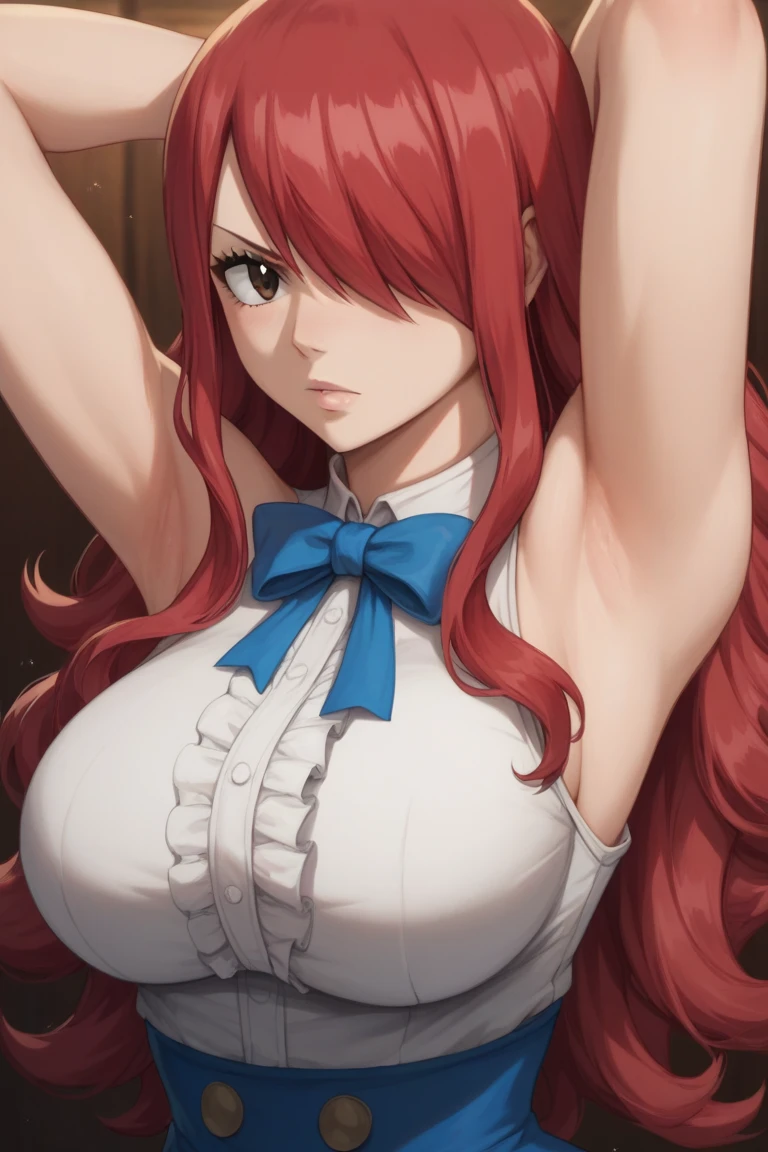 (masterpiece:1.2), (best quality:1.2), 1girl, 
fairy tail, 1girl, long hair, red hair, brown eyes, large breast, neck ribbon, bare shoulders, white shirt, sleeveless, center frills, blue skirt, hair over one eye
sexy stance, in the bar, arms behind head, armpits, detailed armpits