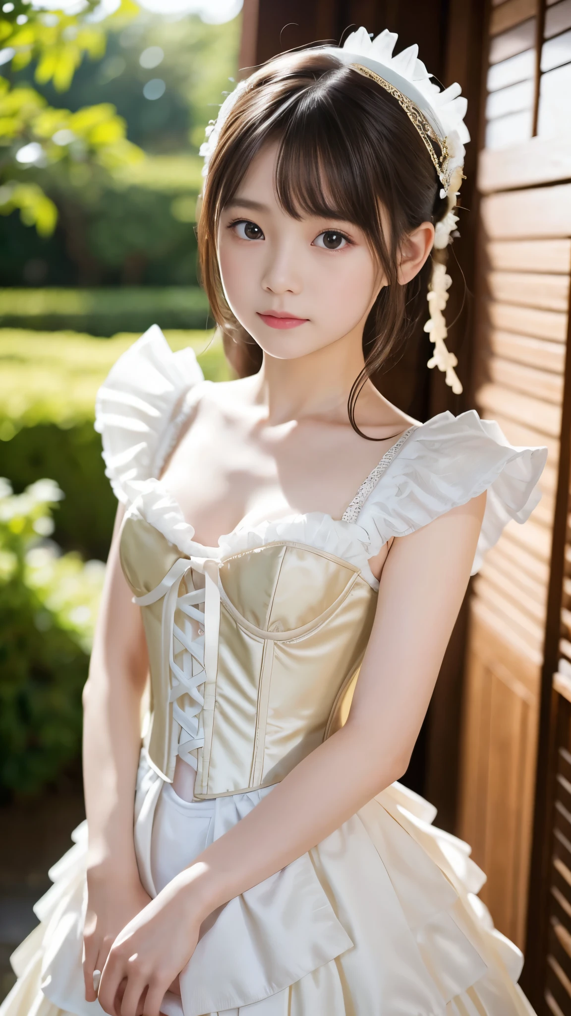 Close up portrait of woman in satin dress posing for photo, high quality costume, Anime girl cosplay, elegant corset, wearing corset, light milky white porcelain skin, Belle Delphine, corsets, Porcelain white skin, Anime Cosplay, lovely queen, high quality theatre costume, elegant glamourous cosplay, ethereal beauty, ultrarealistic sweet bunny girl, Beautiful girl model