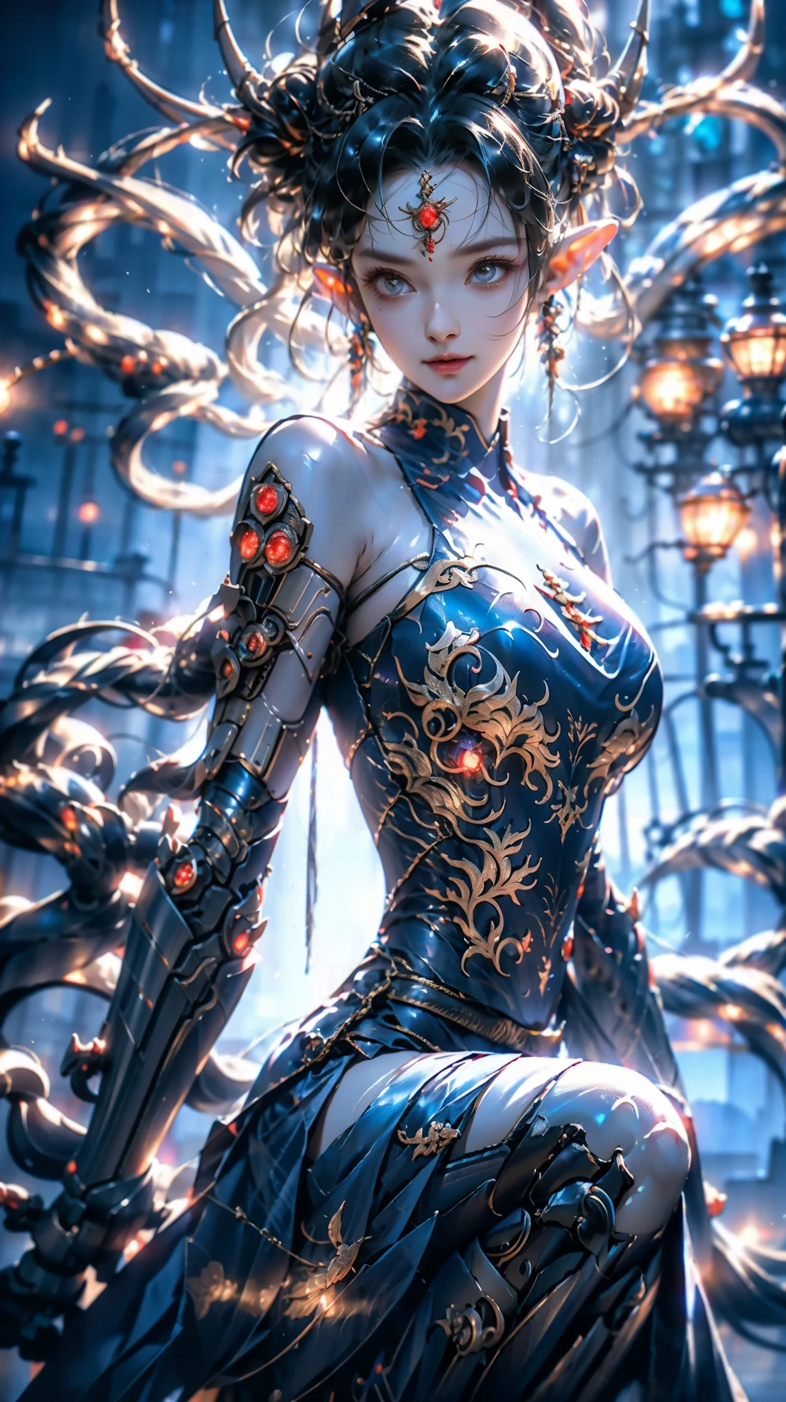 (Best Quality), ((Masterpiece), (Detail: 1.4), 3D, A Beautiful Cyberpunk Female Figure, HDR (High Dynamic Range), Ancient Chinese Costumes, Satin Costumes, Sexy Cheongsam, Ray Tracing, NVIDIA RTX, Super-Resolution, Unreal 5, Subsurface Scattering, PBR Texture, Post Processing, Anisotropic Filtering, Depth of Field, Maximum Sharpness and Sharpness, Multi-layer Textures, Albedo and Highlight Maps, Surface Coloring, Accurate Simulation of Light-Material Interactions, Perfect Proportions, Octane Render, Two-color Light, Large Aperture, Low ISO, White Balance, Rule of Thirds, 8K RAW,