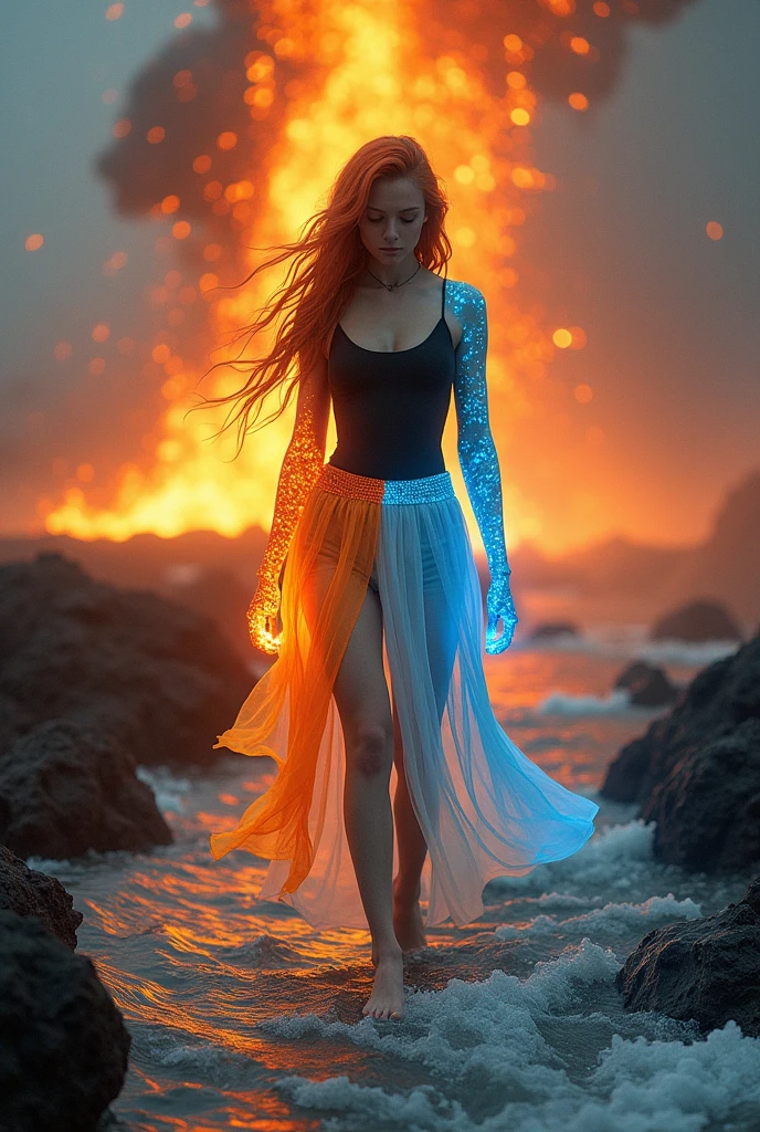 Undine, water spirit african cute girl is standing in the water with a dress, emerging from blue fire, liquid clothes, blue hair, on background forest fire, trees in flames!!, background on fire, analog style RAW photography of Undine, realistic, ultra-wide angle, depth of field, epic, wallpaper, detailed, intrincate, 8k hdr, golden ratio, asymmetry, masterpiece, best quality