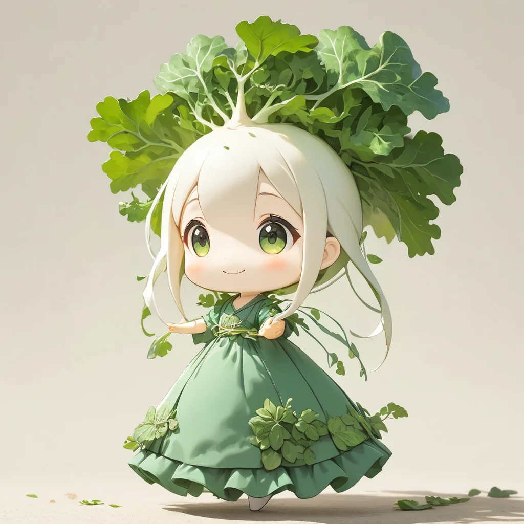 ultra-small deformation, 1female slender daikon, solo, green leaves long hair, bangs, green leaves long dress, smiling