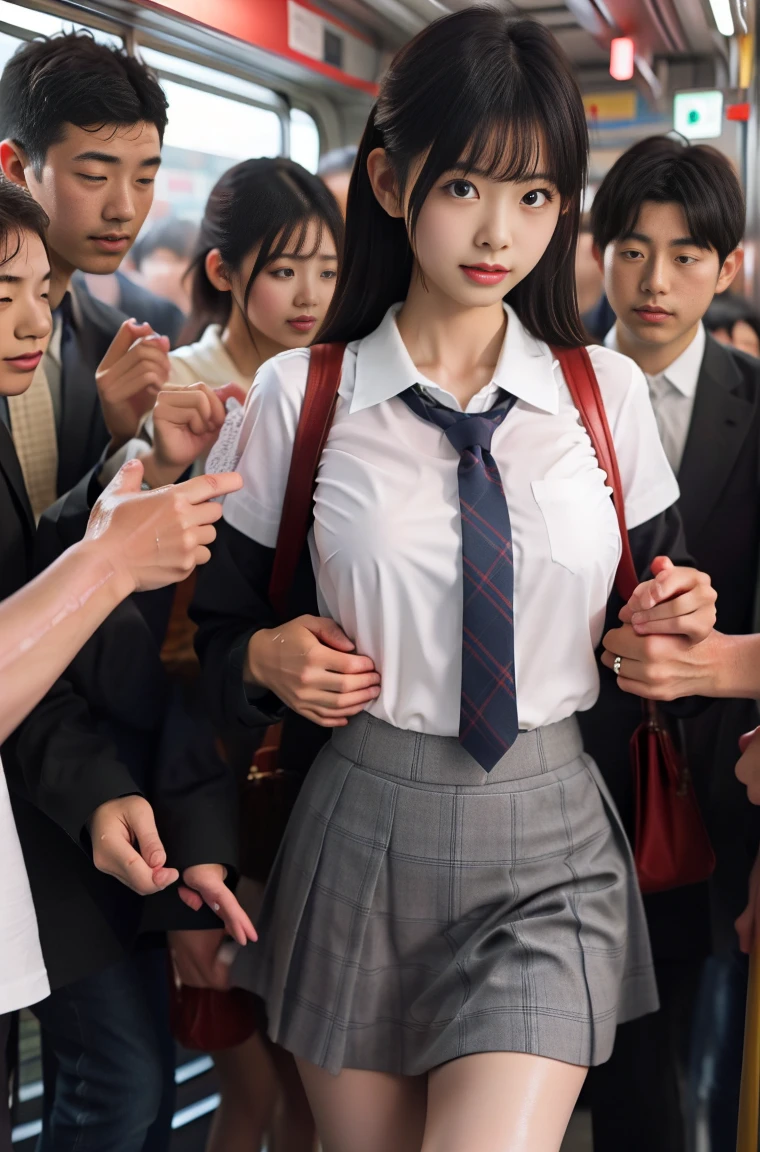 (molestation:1.8) japanese woman, beautiful breasts, (white shirt,red necktie, plaid pattern short skirt, darkbrown hair,bangs,ear,japanese school uniform),tits grab, in the train, Multiple men around her grab her tits, tits grab, multiple hands, masterpiece, highest quality, very detailed, molestation, crowd of men, very realistic face, very realistic eyes, crowd of men around her, grabs  thighs, molestation, masterpiece, highest quality, very detailed, 1 girl, multiple hands, Grab ass with the crazy crowd, Chest grab, the men around her, squeezed body, Many people grab their tits, very wet and sweaty, grab clothes, (There are no women in the crowd), man with necktie, very realistic japanese teen face,14 old,school bag, pinch nipples, she Don't look at the camera, Anatomically correct, She is holding a smartphone in her right hand, she is holding a school bag in her left hand, she is looking down