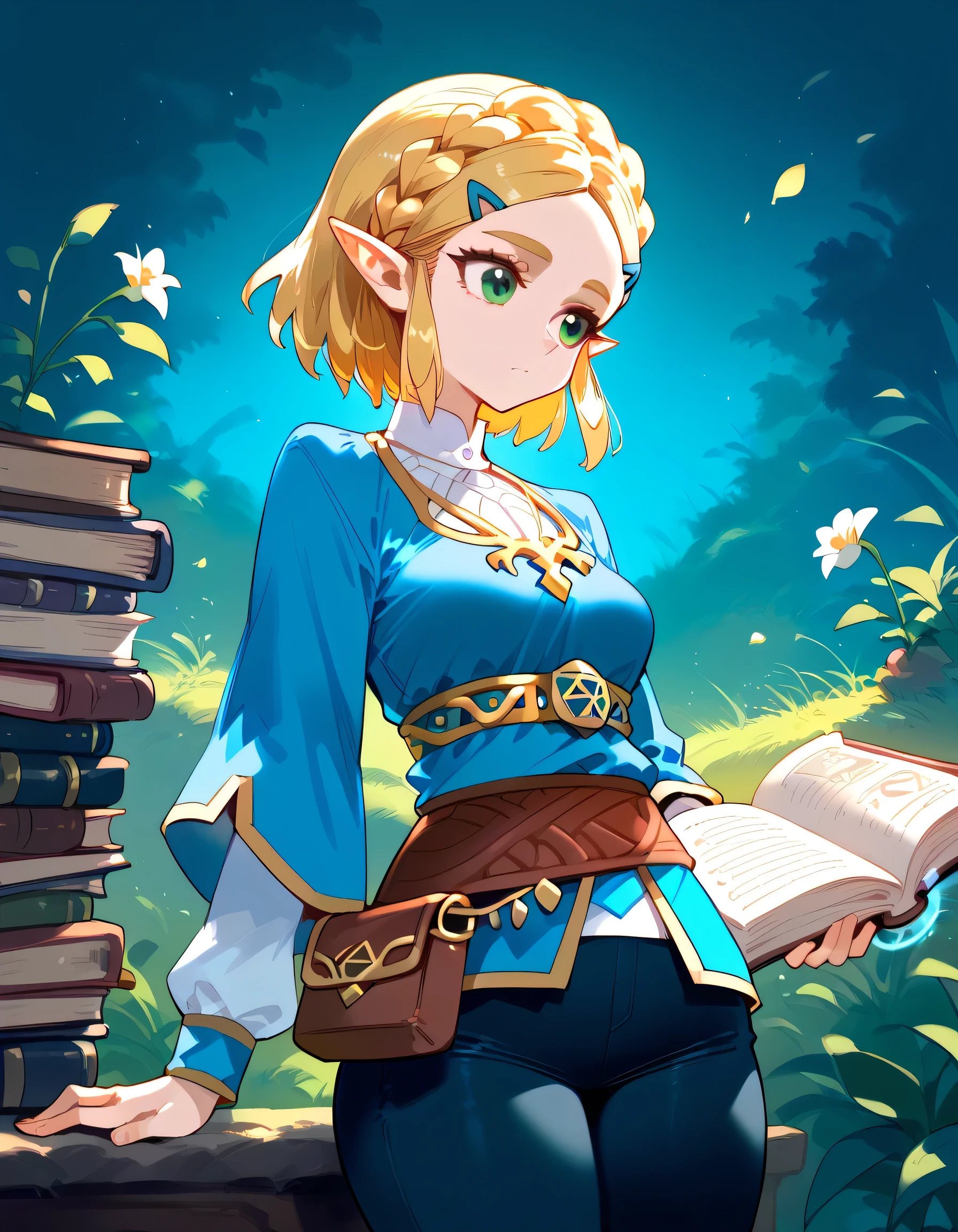  Princess Zelda ,  1 girl ,  Artist's Request , belt,  blonde hair , blue  shirt, Books,  boots, Expressionless, whole body, Green Eyes,  high definition ,  watching viewers,  magic , Nintendo, pants, pointy ears,  shirt,  Short Hair ,  simple background, Alone,  The Legend of Zelda,  The Legend of Zelda:  Breath of the Wild ,  The Legend of Zelda: Tears of the Kingdom, Flower of Light,  magic 